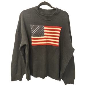 Men's L Black American Flag Ribbed Grandpa Sweater Crewneck